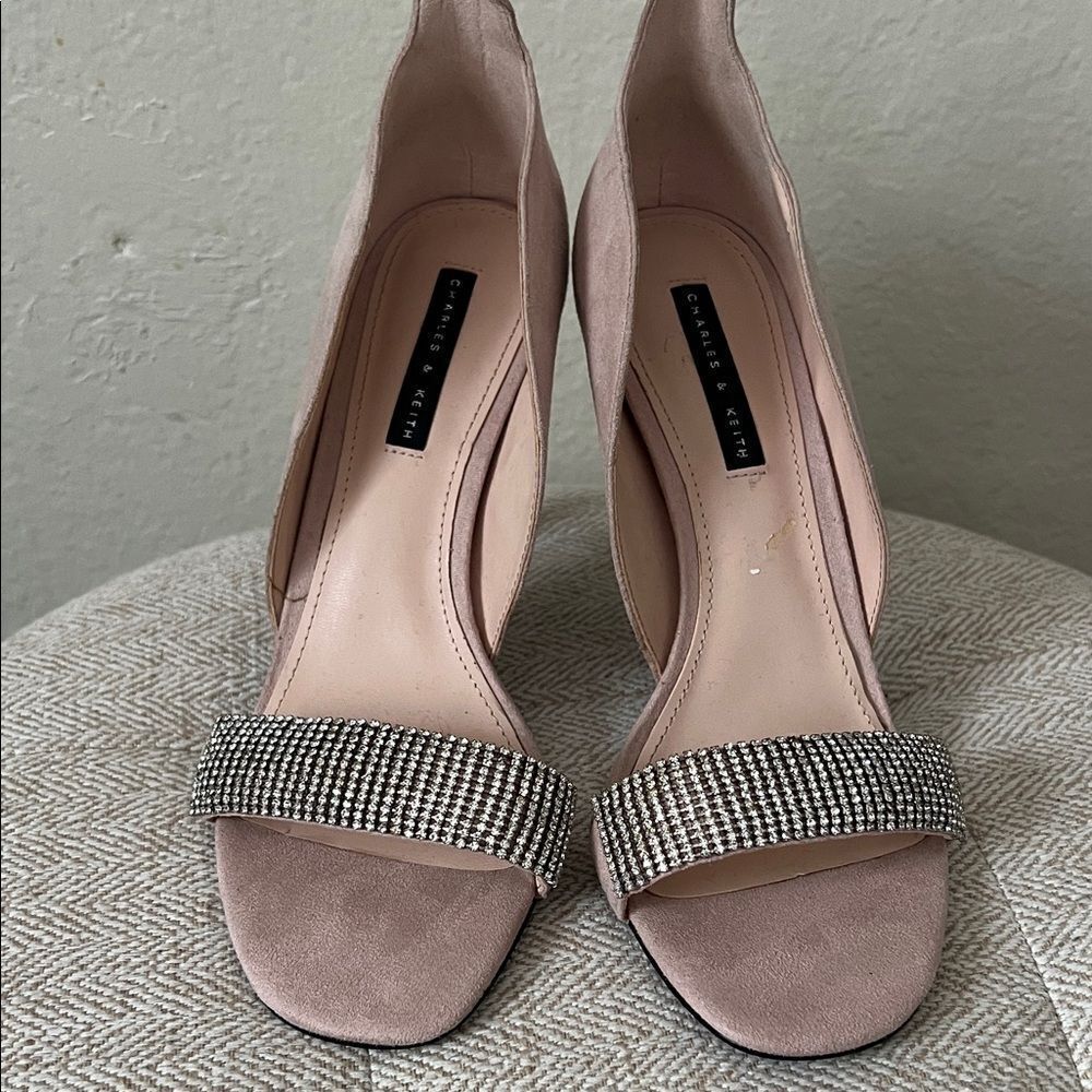 Charles & Keith Satin Crystal-embellished Stiletto-heel Sandels in Mauve in 37